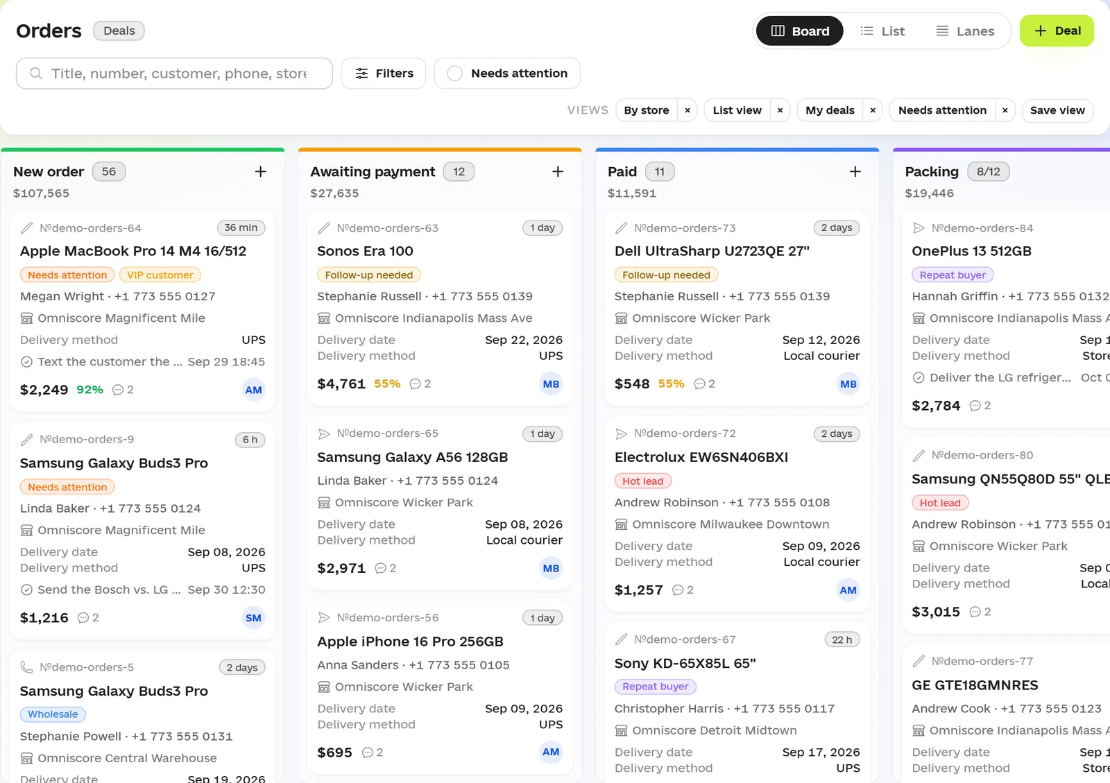 The Orders board in Omniscore: New order, Awaiting payment, Paid and Packing columns with totals in dollars; each deal card shows the customer, pickup location, delivery date, the next task and the call score