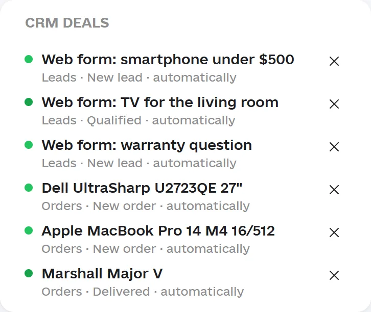 The CRM deals block in a call review: six of the customer’s deals across the Leads and Orders pipelines, each linked automatically.