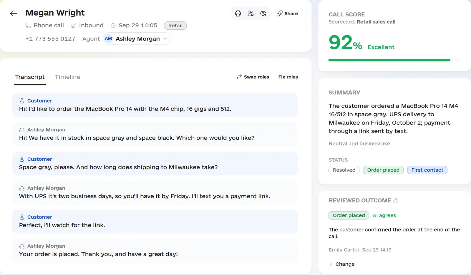 A call review in Omniscore: the transcript split into customer and rep lines, a 92% call score against the Retail sales call scorecard, the AI summary, the outcome Order placed and the conversation topics