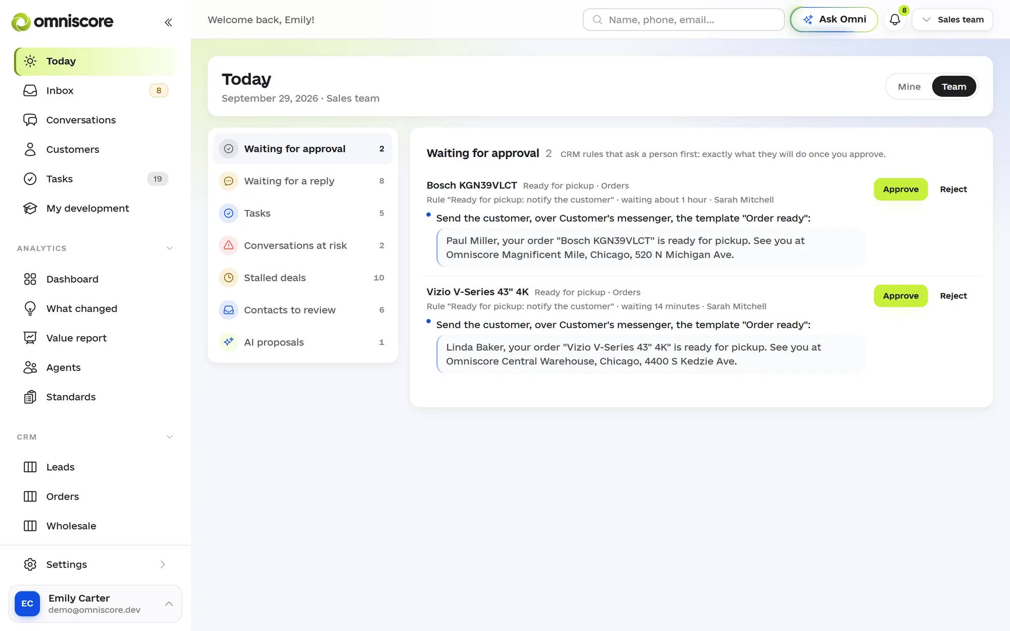 The Today screen, Waiting for approval: the “Ready for pickup: notify the customer” rule has prepared a message for two orders and waits for Approve or Reject.