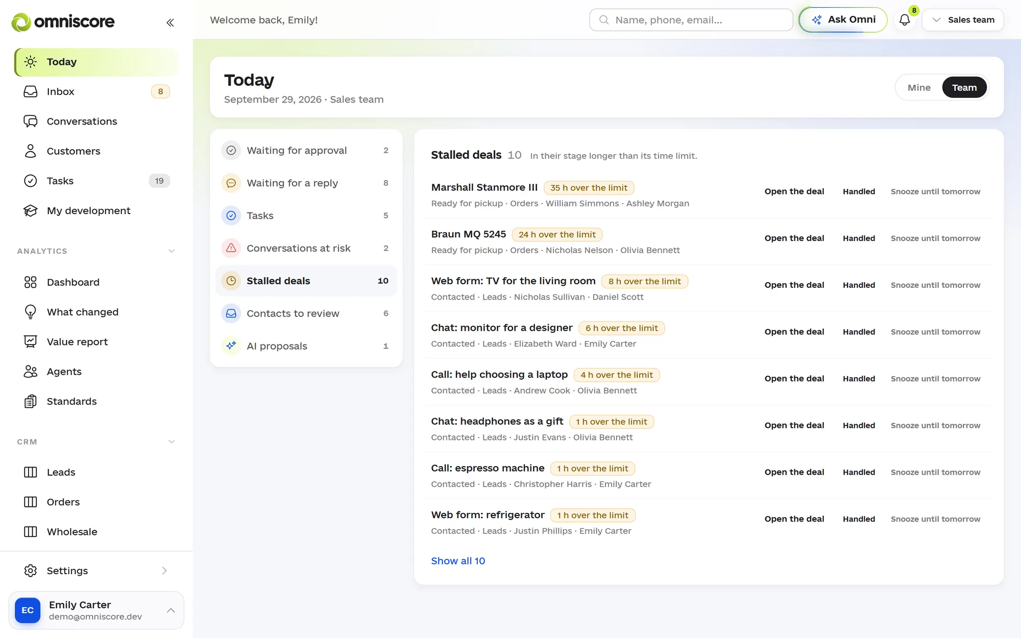 The Today screen, Stalled deals: deals that have stayed in a stage longer than its limit, with buttons to open the deal, mark it handled or snooze it until tomorrow.