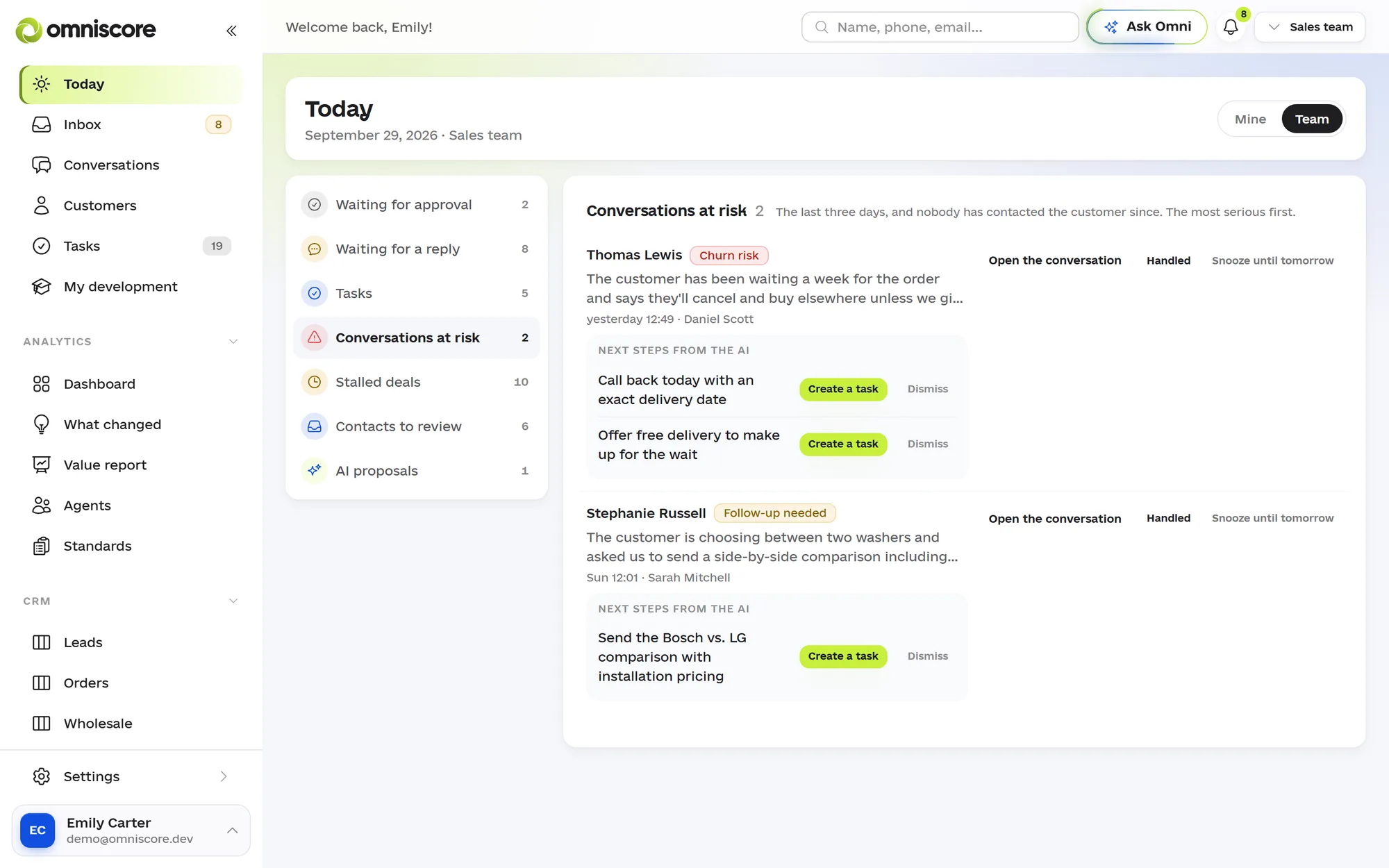 The Today screen, Conversations at risk: calls flagged as a churn risk or needing a follow-up; under each are next steps from the AI, one click away from becoming a task.